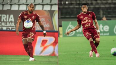 Jugador de Deportes Tolima con el balón en el Once Caldas vs Tolima en el estadio Palogrande, Manizales