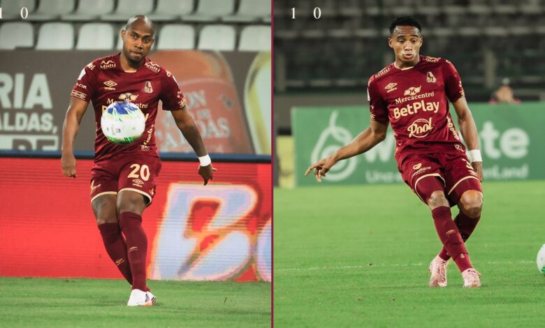 Jugador de Deportes Tolima con el balón en el Once Caldas vs Tolima en el estadio Palogrande, Manizales