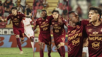 Jugador de Deportes Tolima celebra en el Tolima vs América 1-1 en el estadio Manuel Murillo Toro, Ibagué