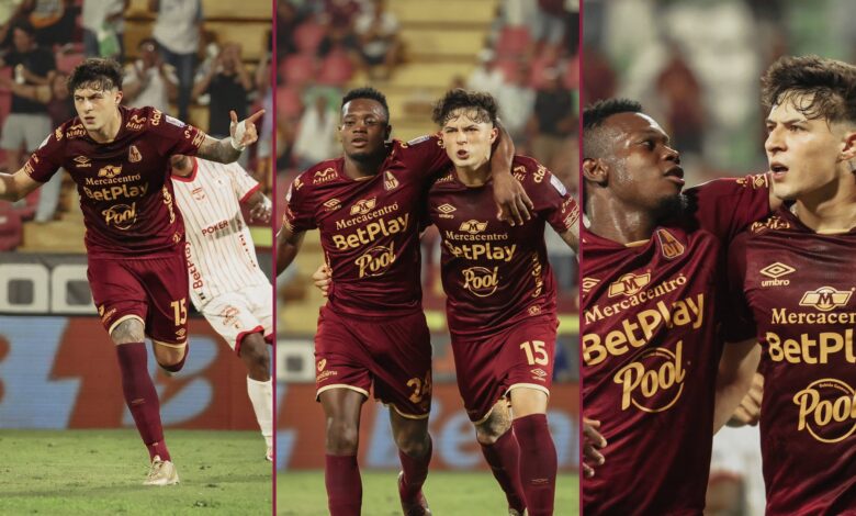 Jugador de Deportes Tolima celebra en el Tolima vs América 1-1 en el estadio Manuel Murillo Toro, Ibagué