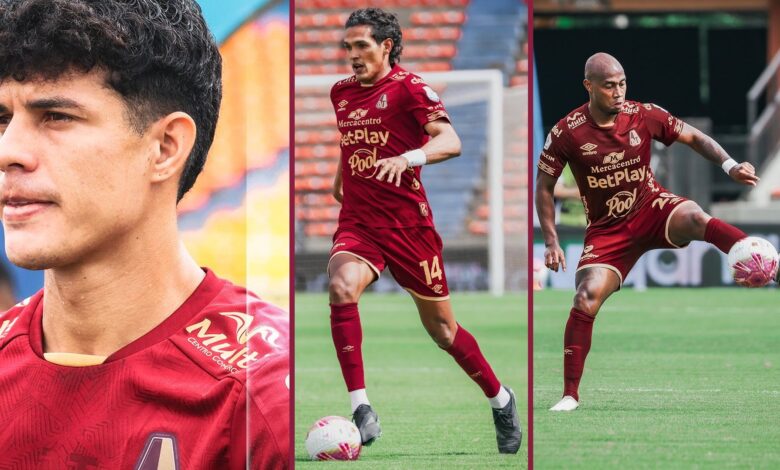 Collage de jugadores de Deportes Tolima, entre ellos Homer Martínez (14), en el partido ante Águilas Doradas, previa del Tolima vs. Pasto por la fecha 16 de la Liga BetPlay 2026-II